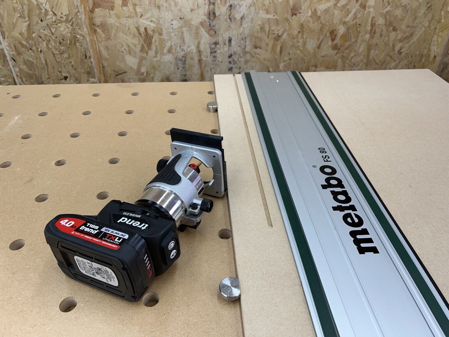 Trend T18S/R14K1 18v Router Guide Rail Adaptor To Metabo Plunge Saw Track